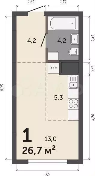 Квартира-студия, 26,7 м, 3/30 эт. - Фото 0