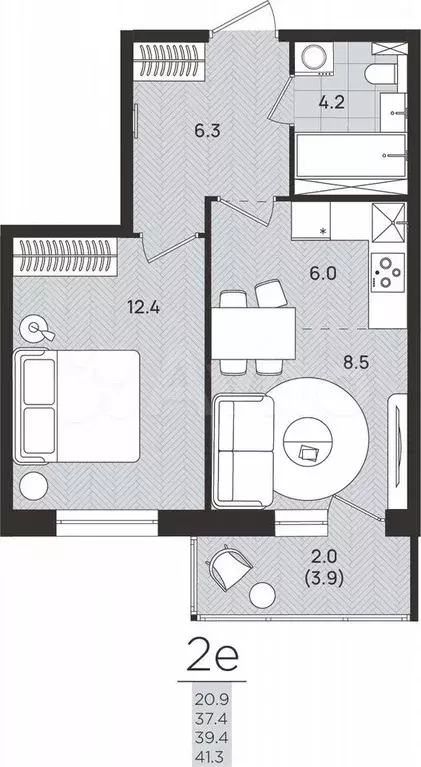 2-к. квартира, 39,4 м, 2/8 эт. - Фото 0