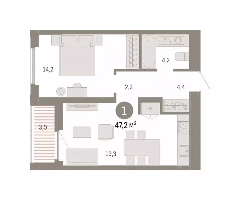 1-к кв. Тюменская область, Тюмень Мысовская ул., 26к2 (47.24 м) - Фото 2