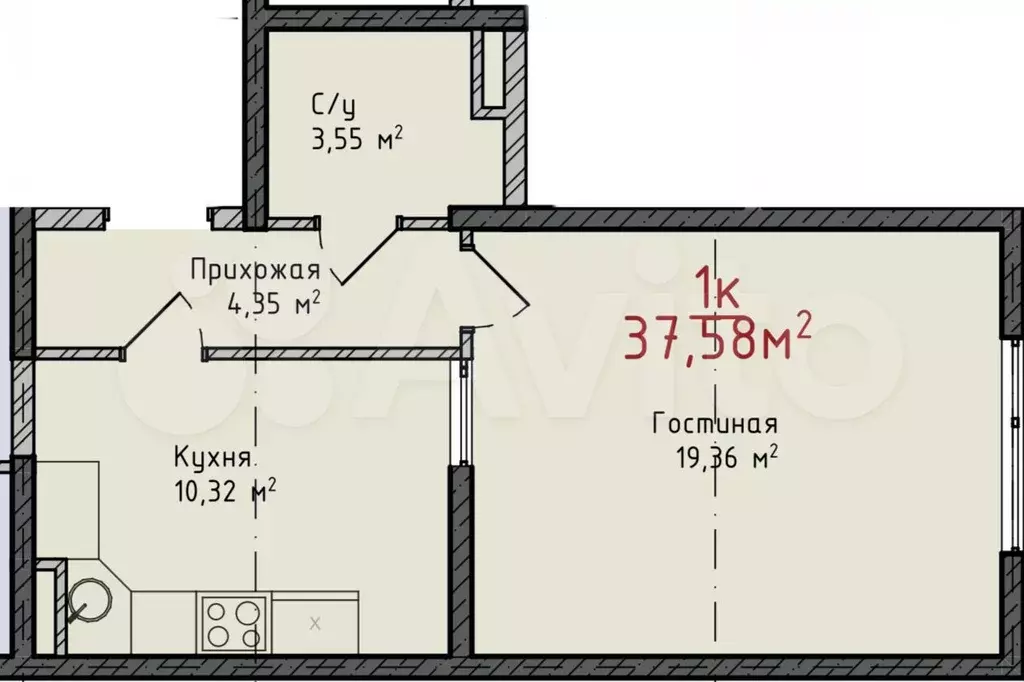1-к. квартира, 37,6 м, 6/8 эт. - Фото 1