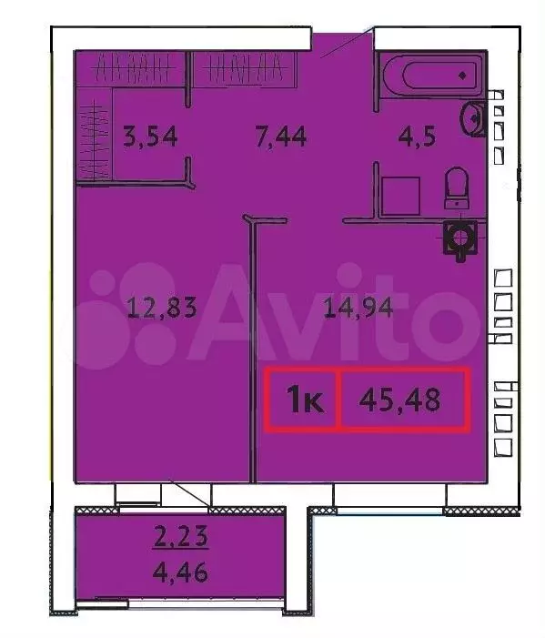 1-к. квартира, 45,5 м, 6/9 эт. - Фото 0