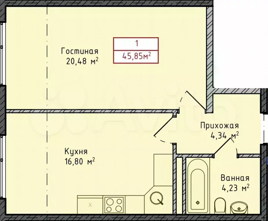 1-к. квартира, 45,9 м, 3/8 эт. - Фото 1