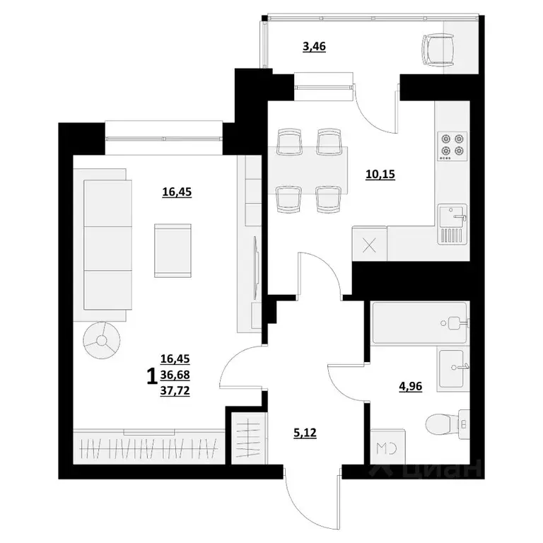 1-к кв. Белгородская область, Белгород ул. Квасова (37.72 м) - Фото 1