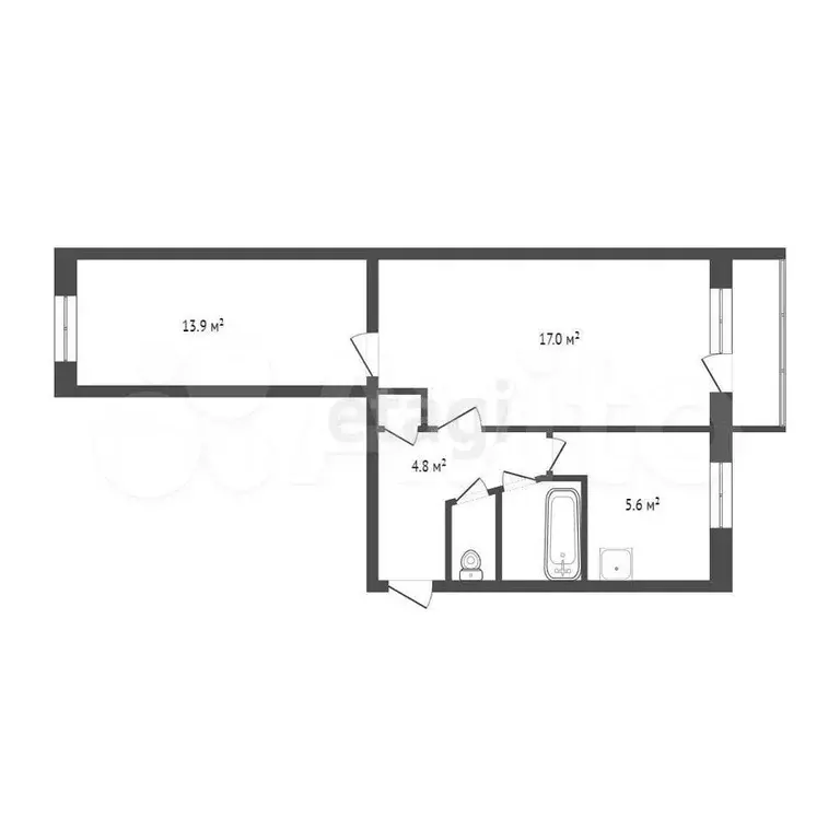 2-к. квартира, 45,8 м, 2/5 эт. - Фото 1