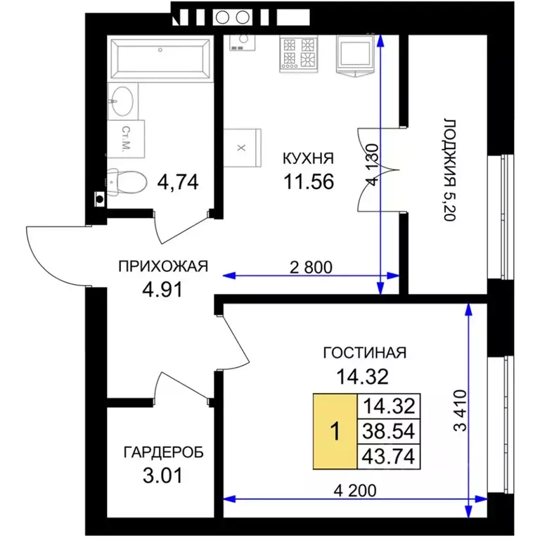 1-к кв. Калининградская область, Гурьевск Включи жилой комплекс (43.74 ... - Фото 0