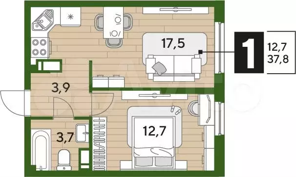 1-к. квартира, 37,8 м, 14/16 эт. - Фото 1