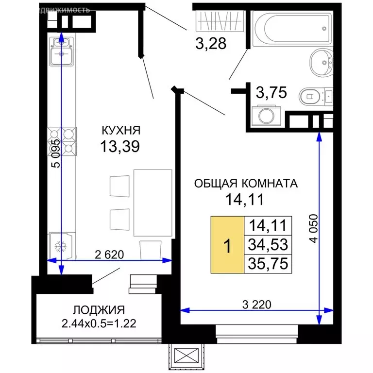 1-комнатная квартира: Республика Адыгея (Адыгея), Майкоп (35.75 м) - Фото 0