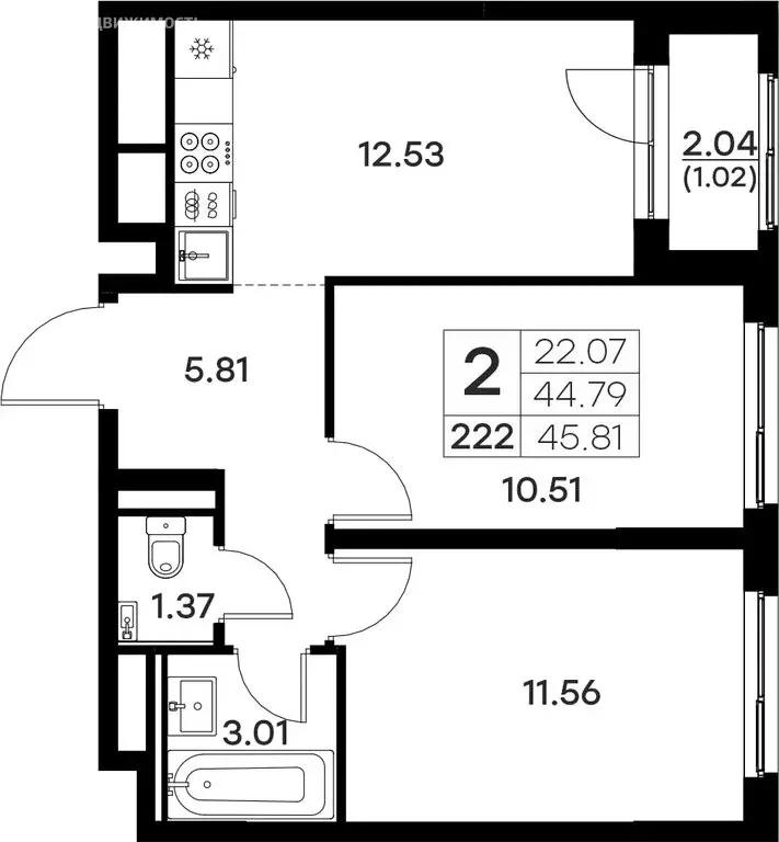 2-комнатная квартира: Владимир (45.81 м) - Фото 0