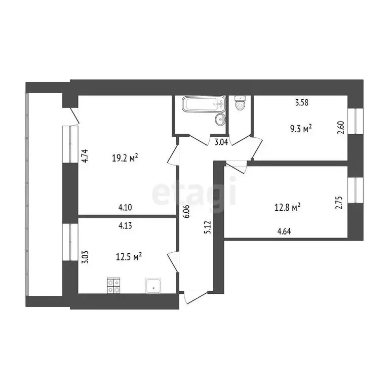 3-комнатная квартира: Тюмень, улица Белинского, 1А (68.7 м) - Фото 1