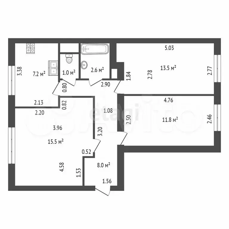 3-к. квартира, 59,6 м, 1/6 эт. - Фото 1