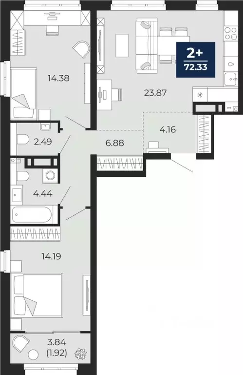 2-к кв. Тюменская область, Тюмень Энтузиастов мкр,  (70.41 м) - Фото 0