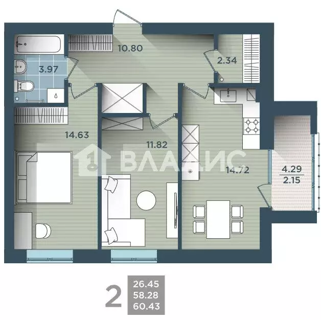 2-комнатная квартира: Калининград, улица Сержанта Мишина, 81к3 (60 м) - Фото 1