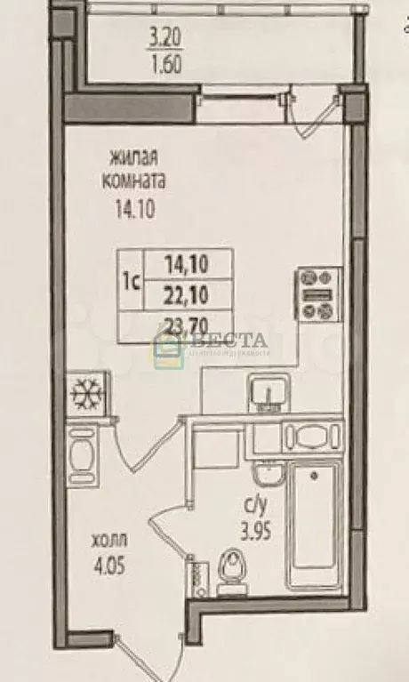 Квартира-студия, 22,2 м, 6/27 эт. - Фото 0