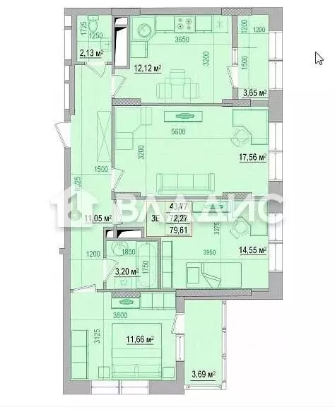 3-к кв. Белгородская область, Белгород ул. Щорса, 37в (79.61 м) - Фото 2