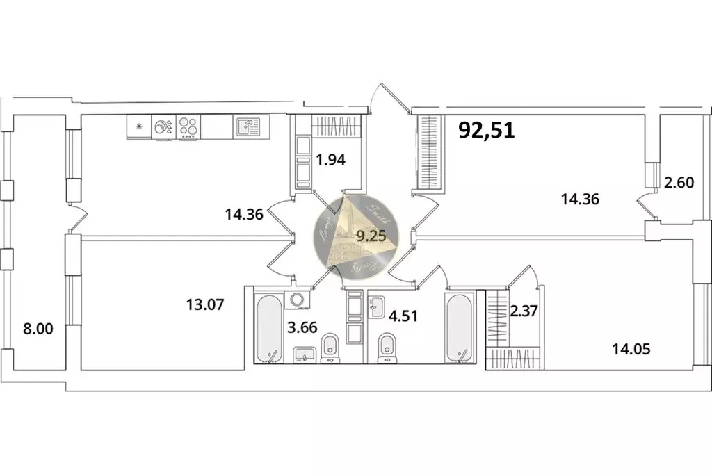 3-комнатная квартира: Санкт-Петербург, Кубинская улица, 82к3с1 (92.51 ... - Фото 1