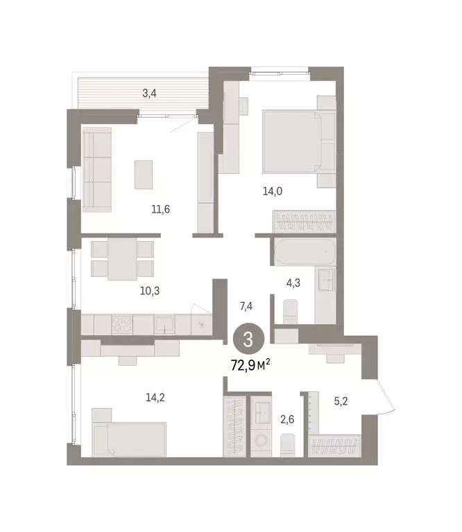 3-комнатная квартира: Пермь, микрорайон Крохалева (72.94 м) - Фото 2