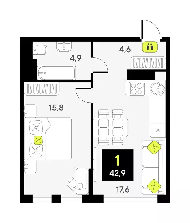 1-комнатная квартира: Тюмень, улица Ивана Чистякова, 3 (42.9 м) - Фото 1
