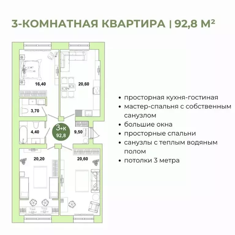 3-к кв. Оренбургская область, Оренбург Ростоши Премьер мкр,  (92.8 м) - Фото 1