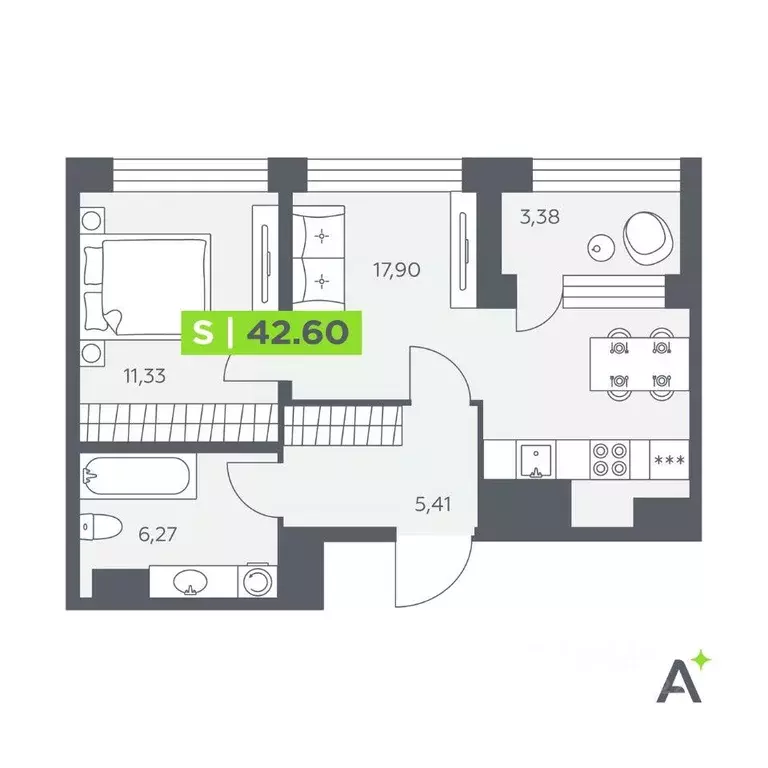 Квартира, 1 комната, 42.6 м - Фото 1