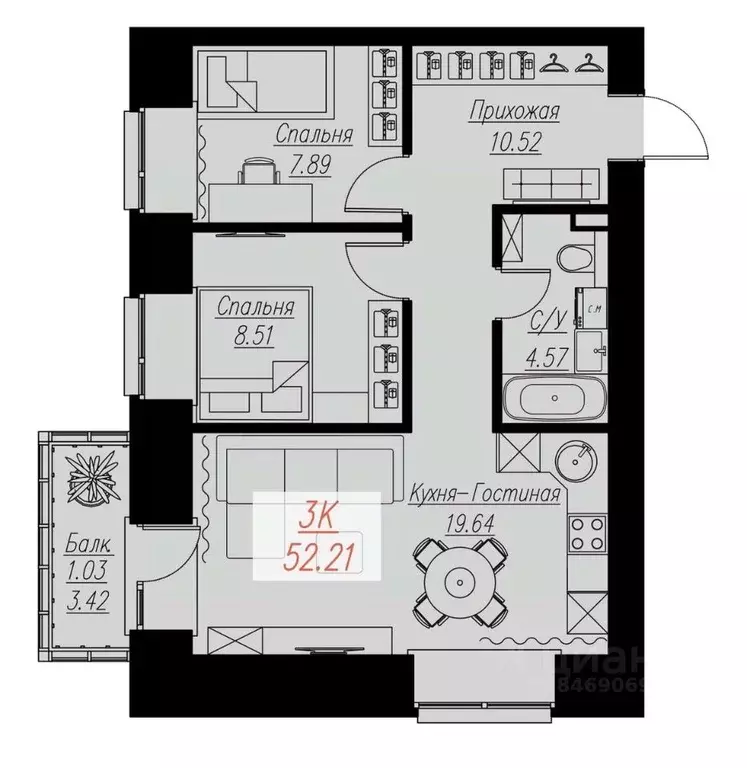 2-к кв. Красноярский край, Красноярск Семафорная ул., 441а (52.21 м) - Фото 0