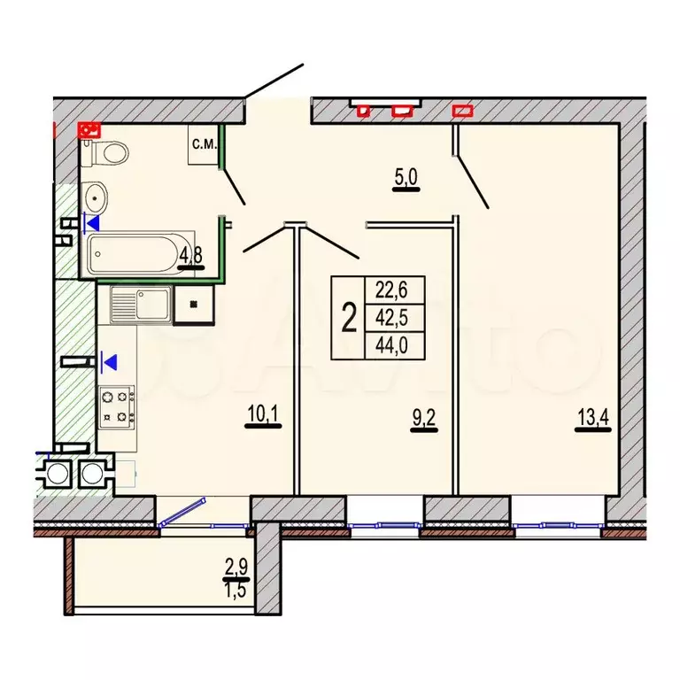 2-к. квартира, 44 м, 8/10 эт. - Фото 0