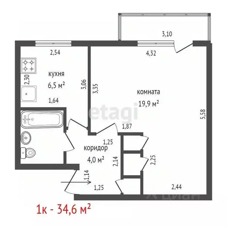 1-к кв. Свердловская область, Екатеринбург ул. Бажова, 76А (34.6 м) - Фото 2