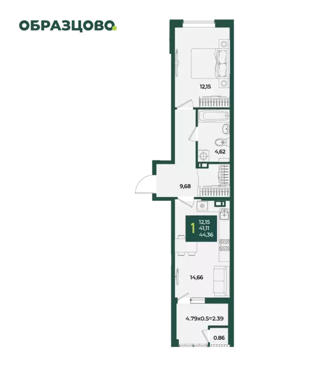 1-к квартира, 44.36 м - Фото 0