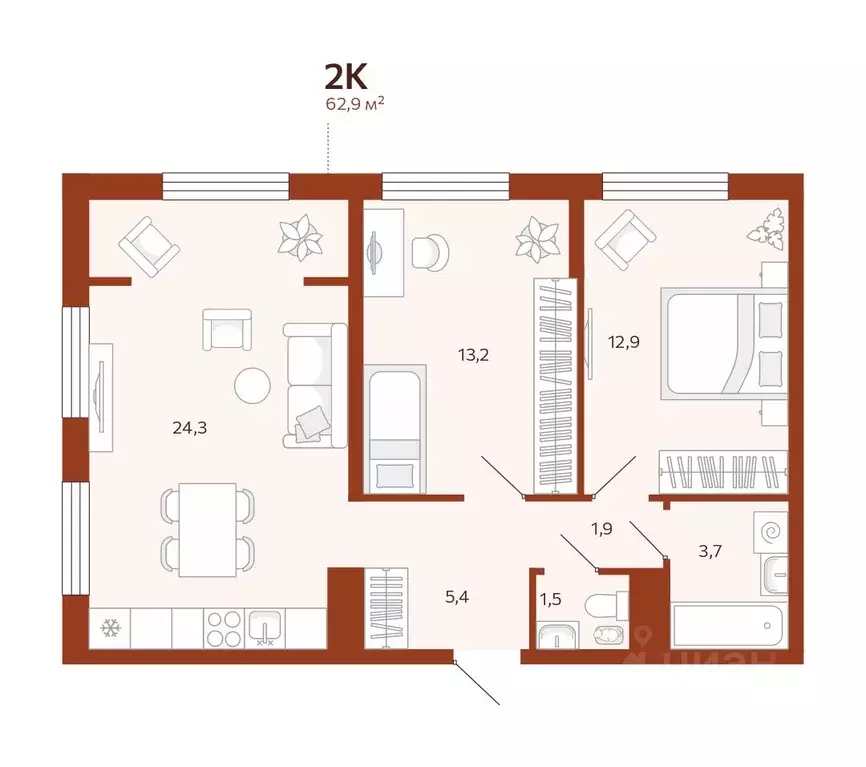 2-к кв. Тюменская область, Тюмень ул. Новаторов, 30 (62.89 м) - Фото 0