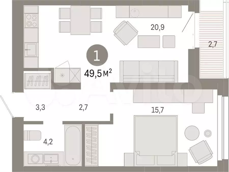 1-к. квартира, 49,5 м, 8/17 эт. - Фото 1