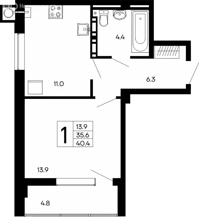 1-комнатная квартира: Феодосия, ш. Симферопольское (40.4 м) - Фото 0