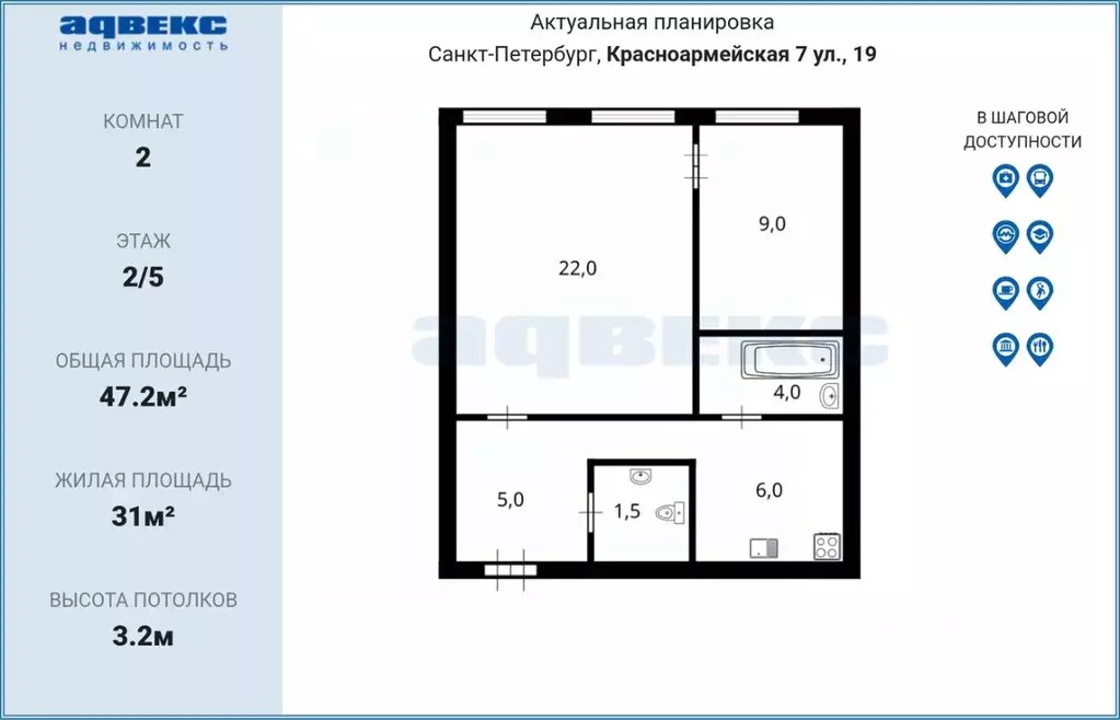 2-к кв. Санкт-Петербург 7-я Красноармейская ул., 19 (47.2 м) - Фото 2