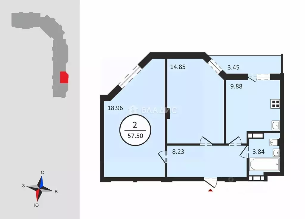 2-к кв. Владимирская область, Владимир ул. Родионовка, 4А (57.5 м) - Фото 2