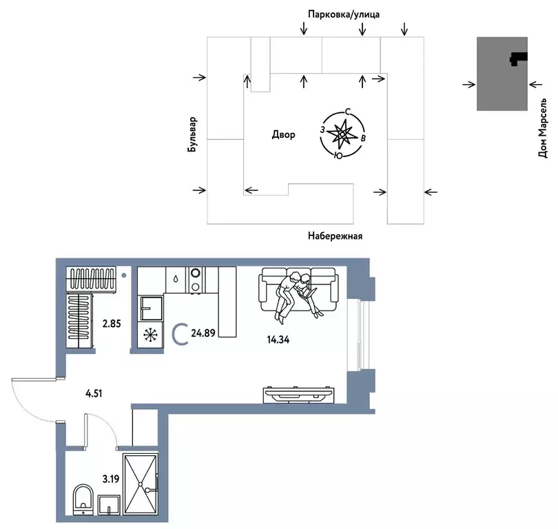 Студия Тюменская область, Тюмень Береговая ул., 100к2 (24.89 м) - Фото 0