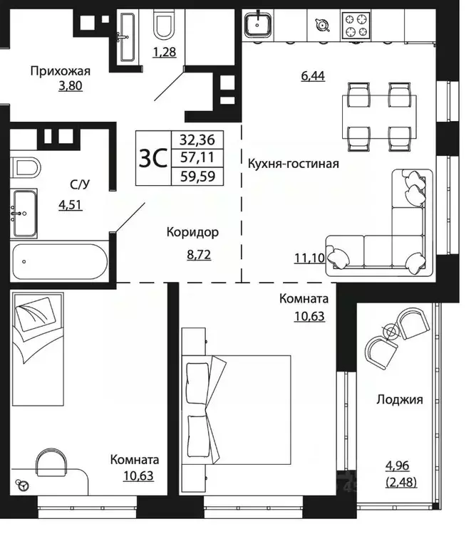 3-к кв. Ростовская область, Ростов-на-Дону ул. Текучева, 370/2 (59.43 ... - Фото 0