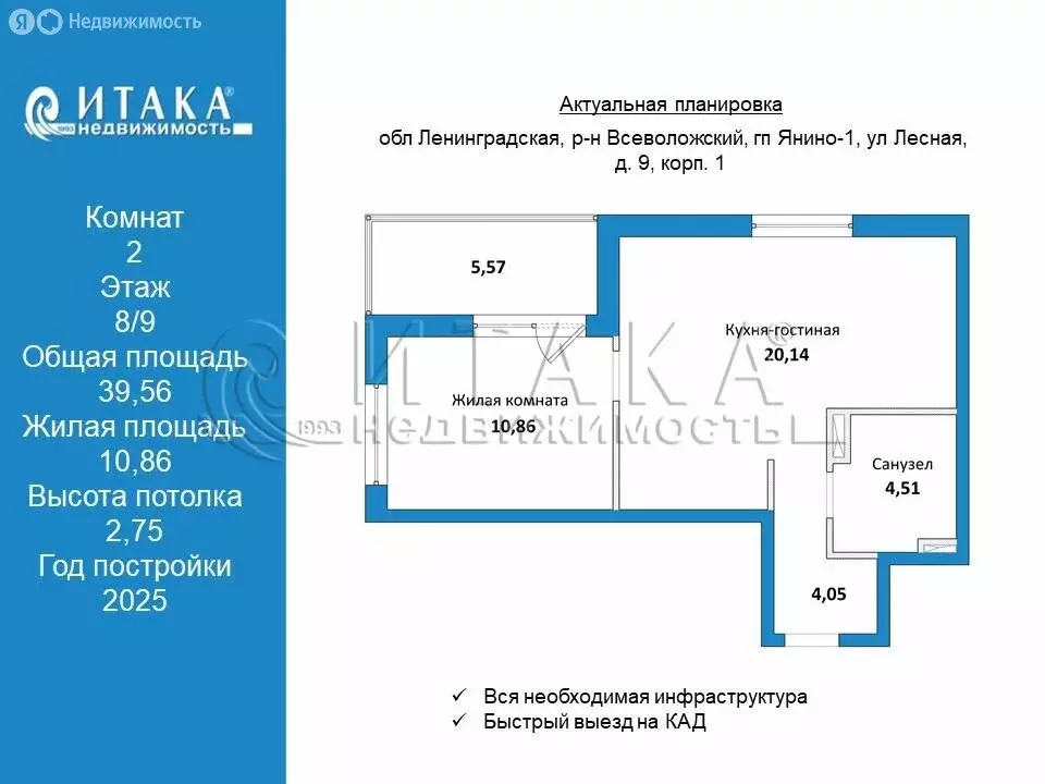2-комнатная квартира: Янино-1, ЖК Янила Драйв (39.56 м) - Фото 1