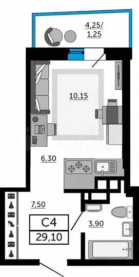 Квартира-студия, 29,1м, 6/21эт. - Фото 0