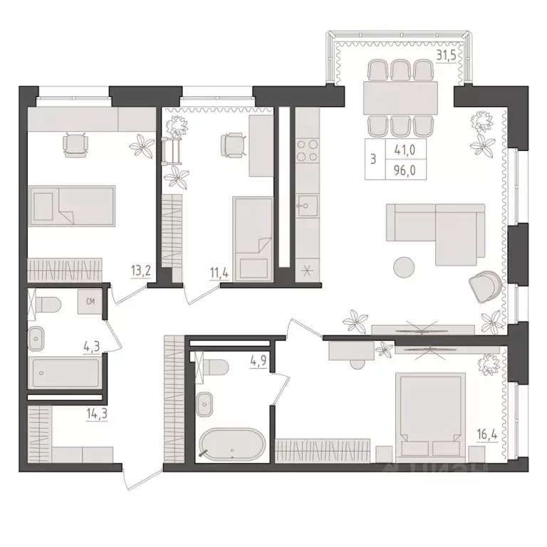3-к кв. Башкортостан, Уфа 563-й кв-л,  (96.0 м) - Фото 1