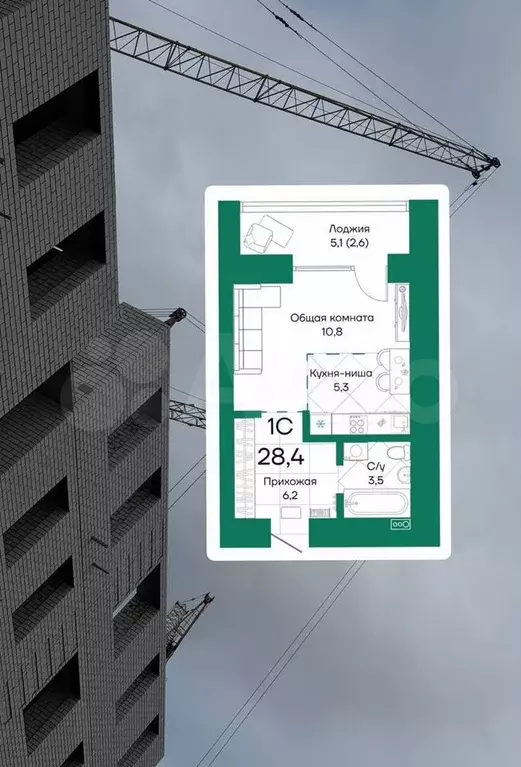 Квартира-студия, 28,4 м, 4/10 эт. - Фото 0