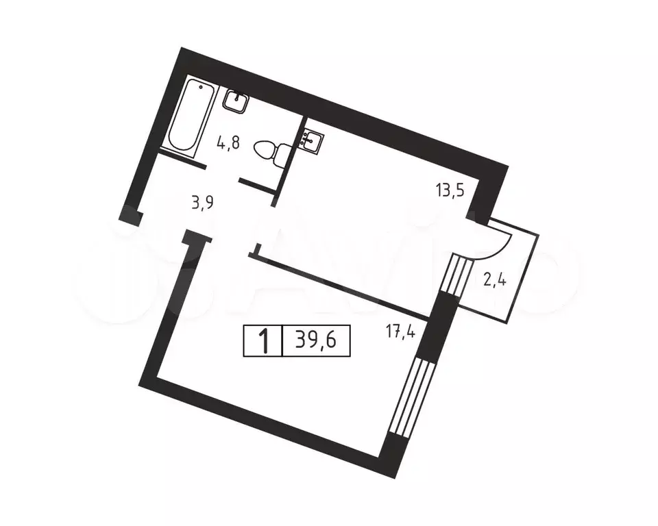 1-к. квартира, 39,6 м, 3/3 эт. - Фото 0