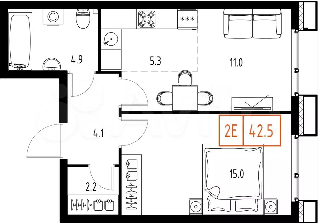 1-к. квартира, 42,5 м, 6/9 эт. - Фото 1