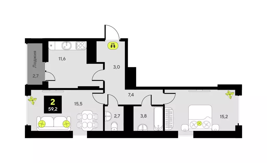 2-комнатная квартира: Тюмень, улица Пожарных и Спасателей, 16 (59.2 м) - Фото 1