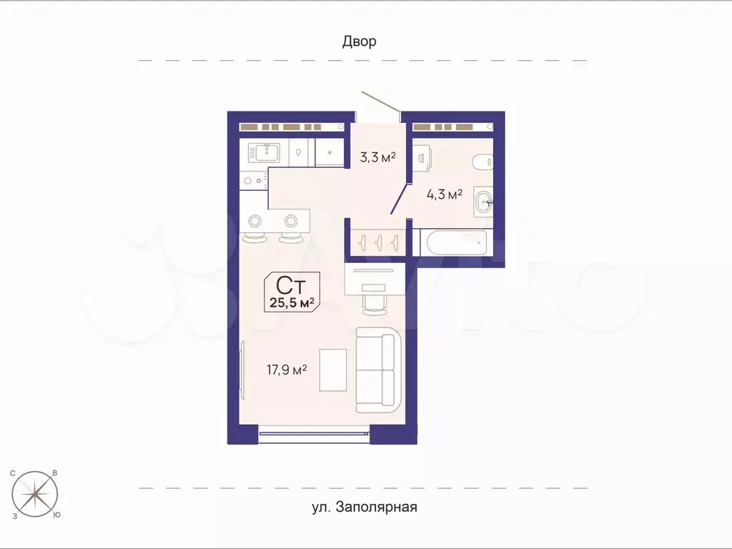 Квартира-студия, 25,5 м, 4/16 эт. - Фото 1