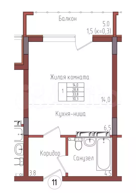 1-к. квартира, 30,3м, 2/9эт. - Фото 0