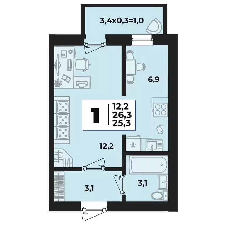 1-комнатная квартира: аул Новая Адыгея, улица Тургеневское шоссе, 33/4 ... - Фото 1