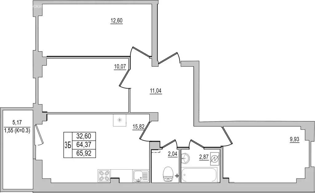 3-комнатная квартира: Псков, улица Юности, 32 (65.92 м) - Фото 0