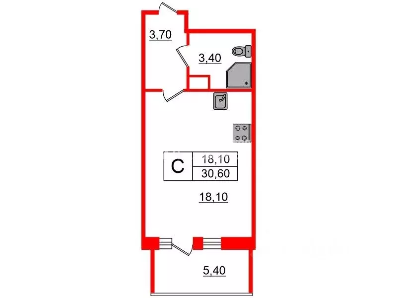 Студия Санкт-Петербург ул. Генерала Кравченко, 8 (25.2 м) - Фото 1