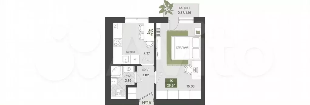 1-к. квартира, 28,8 м, 4/5 эт. - Фото 1