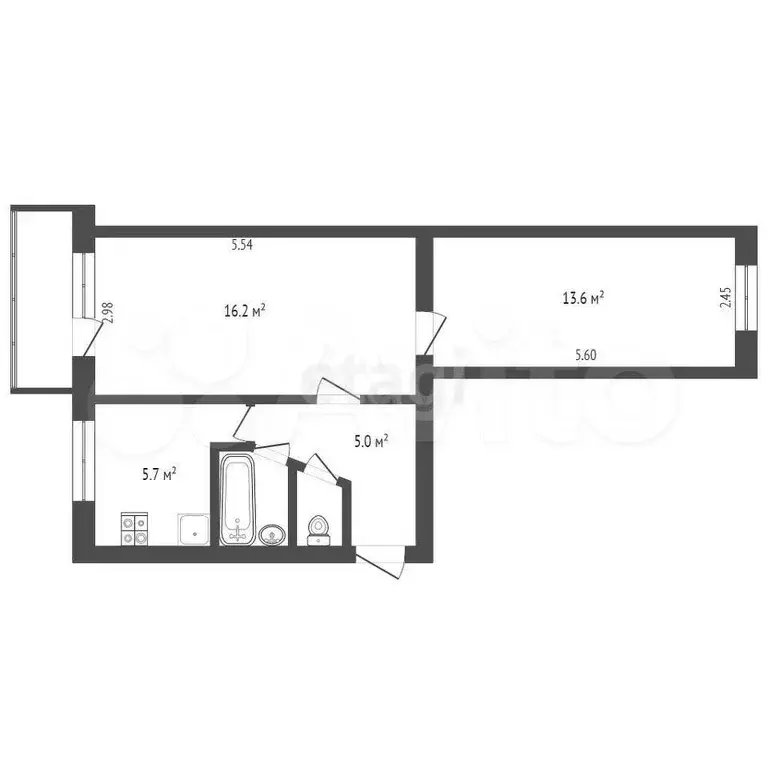 2-к. квартира, 43,8 м, 3/5 эт. - Фото 0