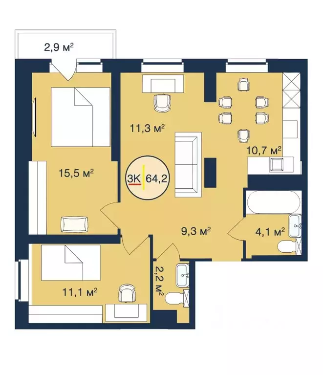 3-к кв. Тюменская область, Тюмень Таежная ул., 2 (64.2 м) - Фото 0