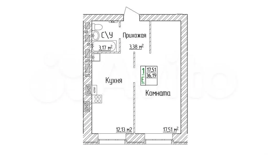 1-к. квартира, 36,2 м, 6/6 эт. - Фото 1